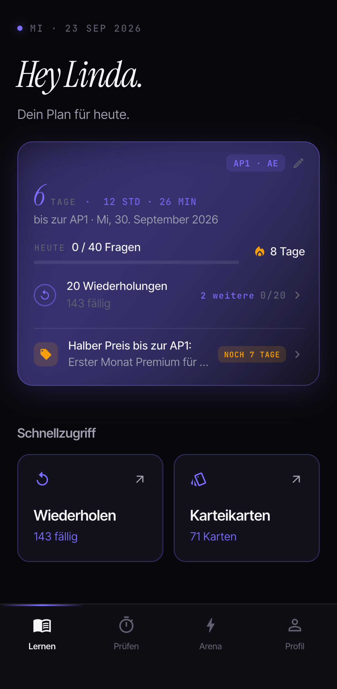 Lernarena Startbildschirm: Countdown zur AP1 mit Tagesplan
