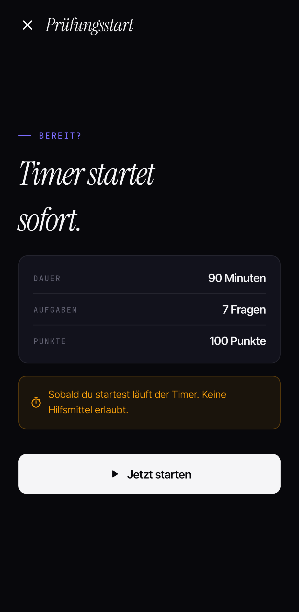 Übungsprüfung mit Timer und Ergebnis nach Themen